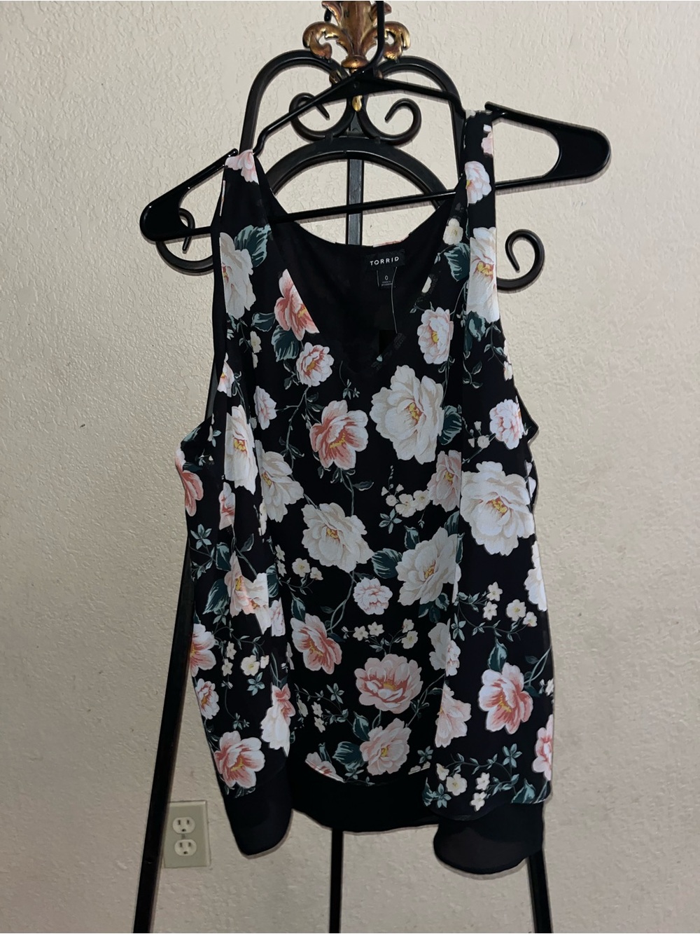 torrid Black Floral V-Neck Camisole with White & Blush Blooms